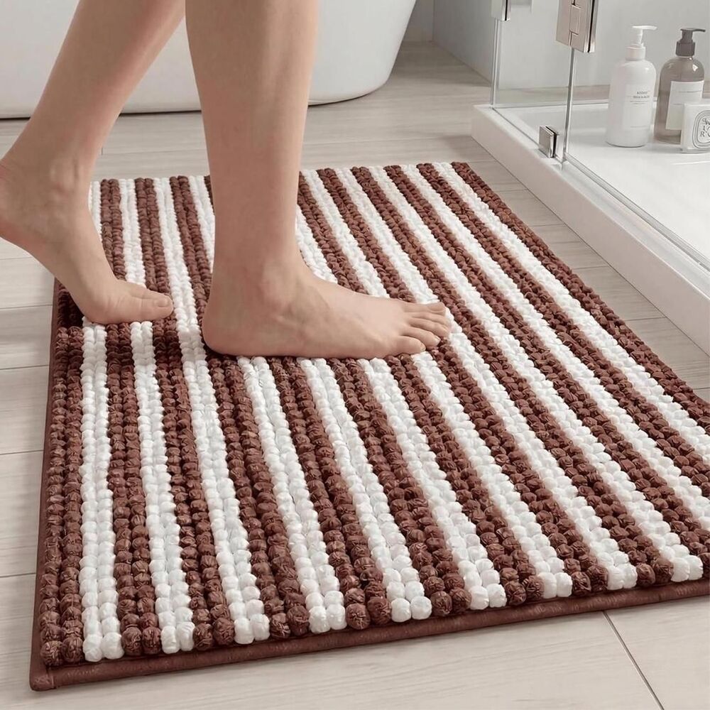 NWT Brown/White Chenille Rug Nonslip Washable Absorbent Quick Dry 18x30in